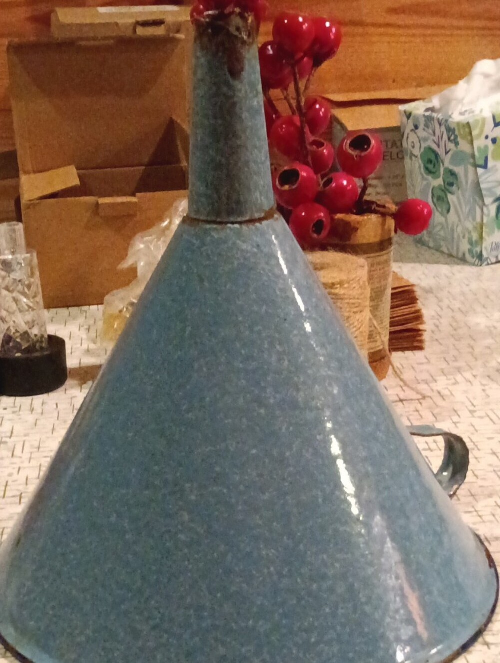 Vintage Blue Enamalware Funnel Decorative Accent - Home Accents